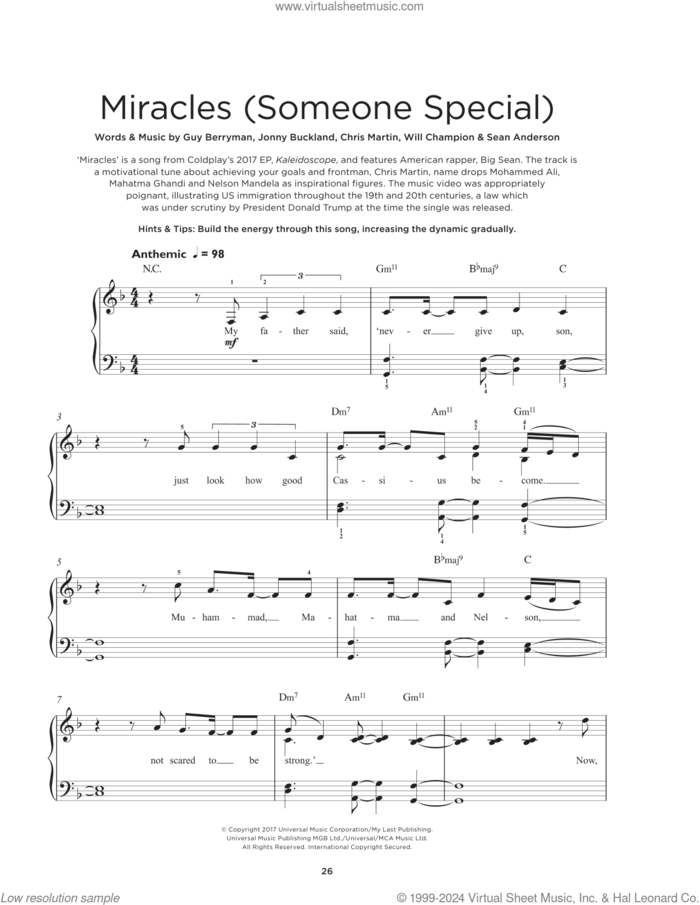 Miracles (Someone Special) sheet music for piano solo by Coldplay, Chris Martin, Guy Berryman, Jon Buckland and Will Champion, beginner skill level
