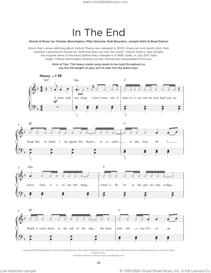 In The End sheet music for piano solo by Linkin Park, Brad Delson, Charles Bennington, Joe Hahn, Mike Shinoda and Rob Bourdon, beginner skill level