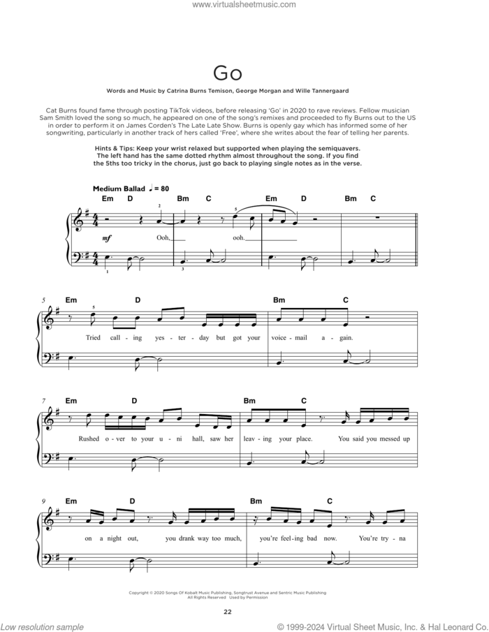 go sheet music for piano solo by Cat Burns, Catrina Burns Temison, George Morgan and Wille Tannergaard, beginner skill level