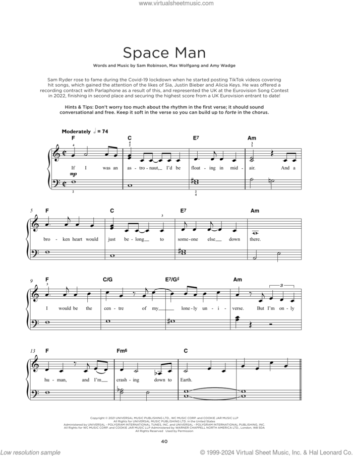 SPACE MAN, (beginner) sheet music for piano solo by Sam Ryder, Amy Wadge, Max Wolfgang and Sam Robinson, beginner skill level