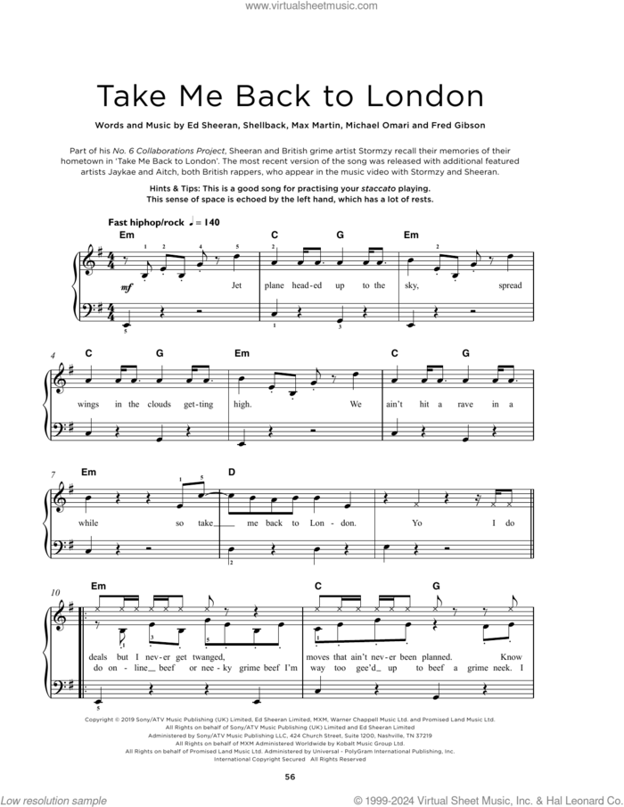 Take Me Back To London (feat. Stormzy) sheet music for piano solo by Ed Sheeran, Fred, Max Martin, Michael Omari and Shellback, beginner skill level