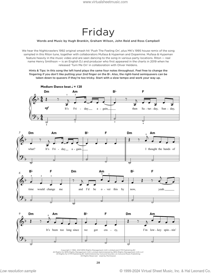 Friday (feat. Mufasa and Hypeman) sheet music for piano solo by Riton and Nightcrawlers, Graham Wilson, Hugh Brankin, John Reid and Ross Campbell, beginner skill level