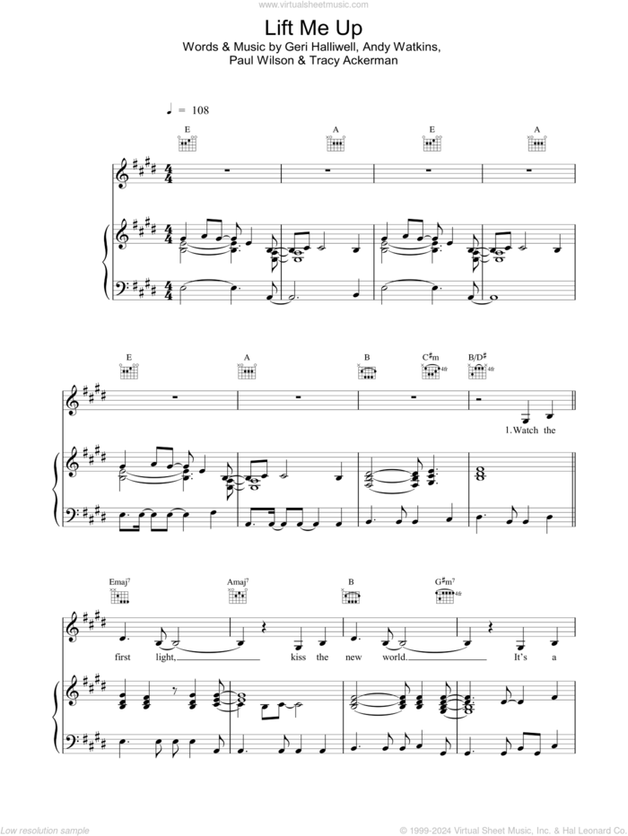 Lift Me Up sheet music for voice, piano or guitar by Geri Halliwell, Ackerman, Andy Watkins and HALLIWELL, intermediate skill level