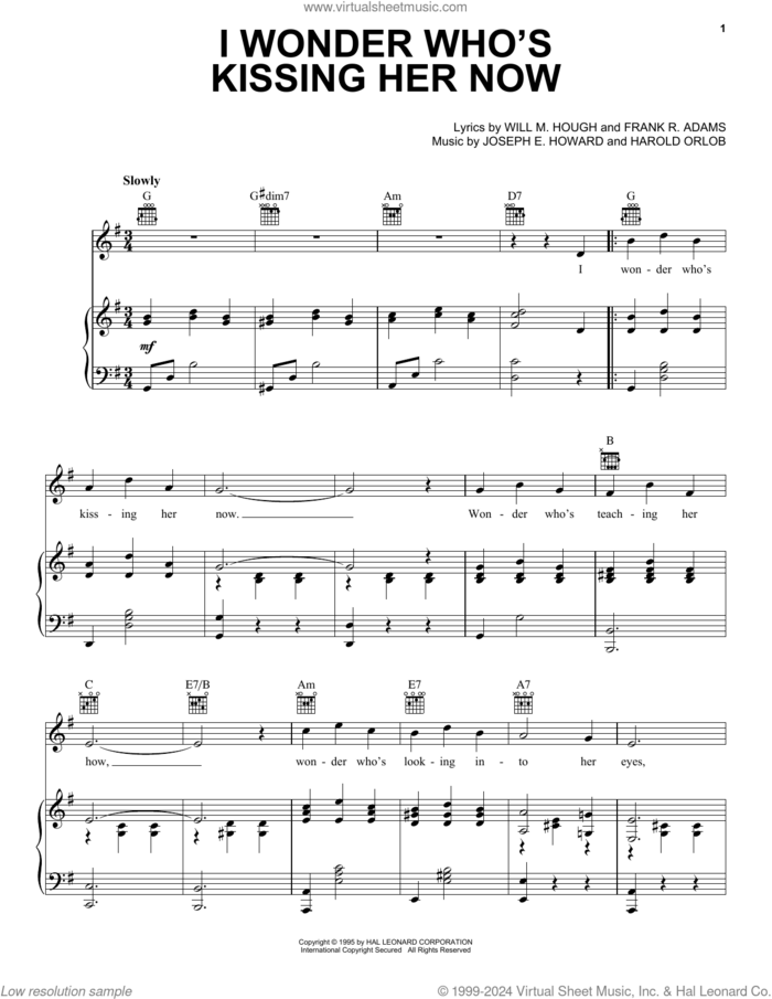 I Wonder Who's Kissing Her Now sheet music for voice, piano or guitar by Harry Nilsson, Frank R. Adams, Harold Orlob, Joseph E. Howard and Will M. Hough, intermediate skill level
