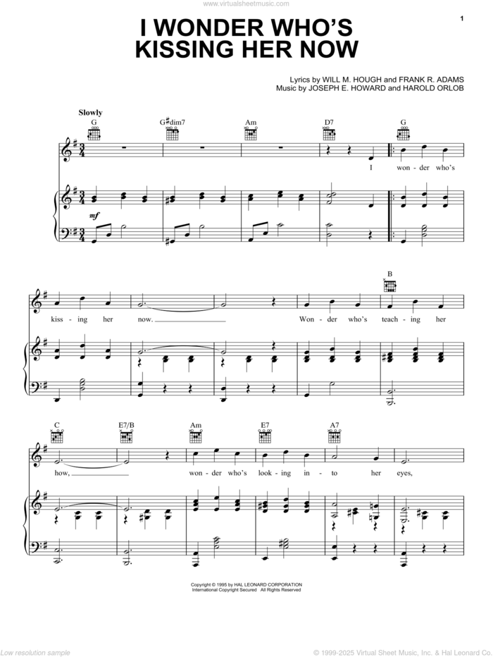 I Wonder Who's Kissing Her Now sheet music for voice, piano or guitar by Harry Nilsson, Frank R. Adams, Harold Orlob, Joseph E. Howard and Will M. Hough, intermediate skill level