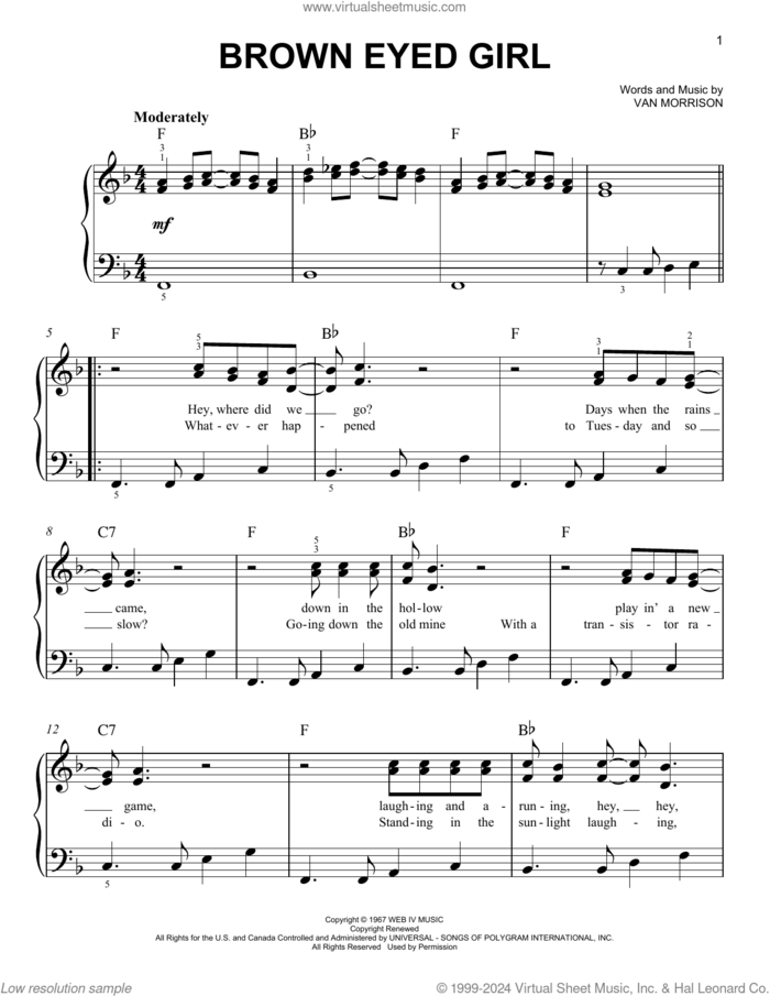 Brown Eyed Girl, (easy) sheet music for piano solo by Van Morrison, easy skill level