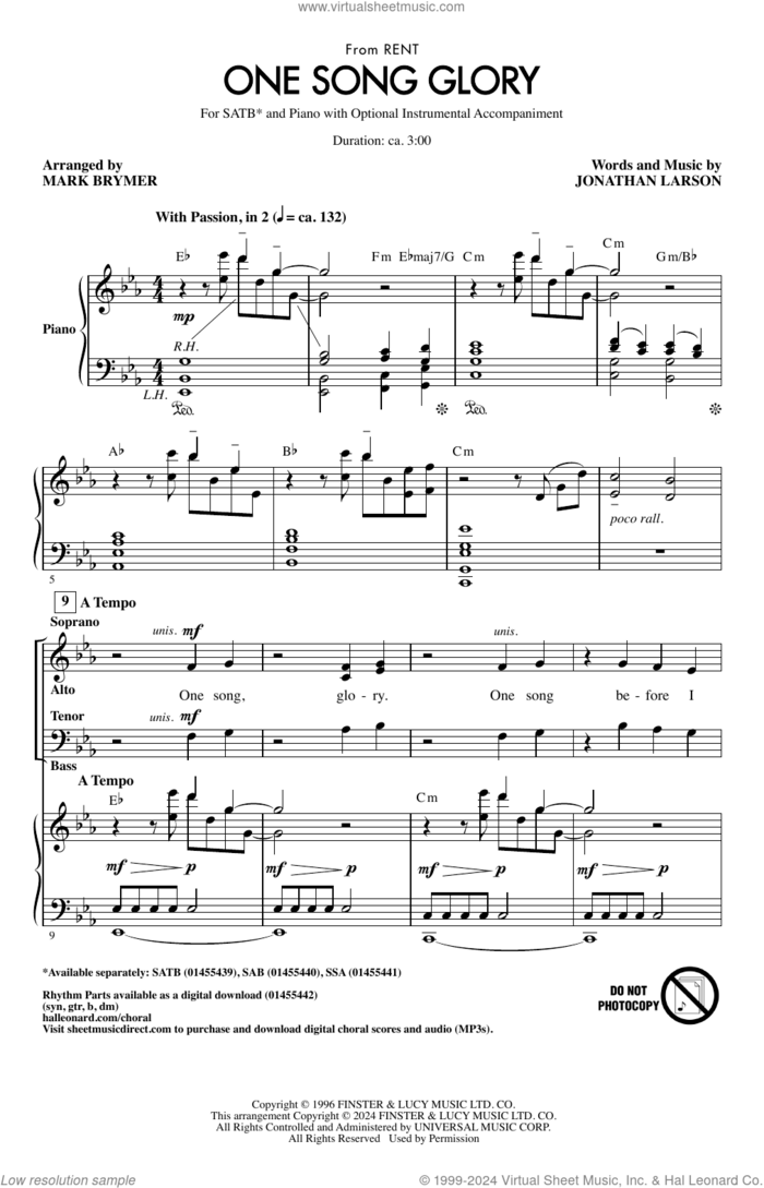 One Song Glory (from Rent) (arr. Mark Brymer) sheet music for choir (SATB: soprano, alto, tenor, bass) by Jonathan Larson and Mark Brymer, intermediate skill level