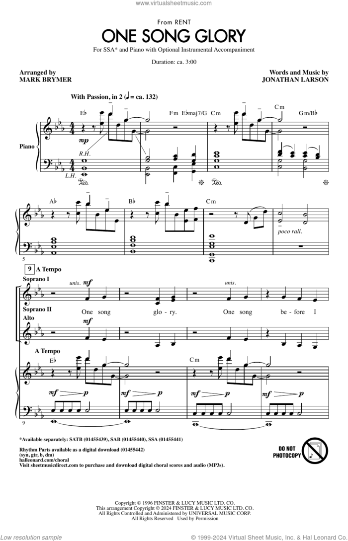 One Song Glory (from Rent) (arr. Mark Brymer) sheet music for choir (SSA: soprano, alto) by Jonathan Larson and Mark Brymer, intermediate skill level