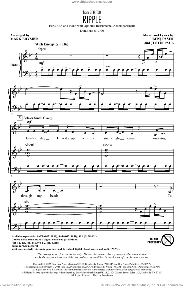 Ripple (Cut Song from Spirited) (arr. Mark Brymer) sheet music for choir (SAB: soprano, alto, bass) by Benj Pasek, Mark Brymer, Justin Paul and Pasek & Paul, intermediate skill level