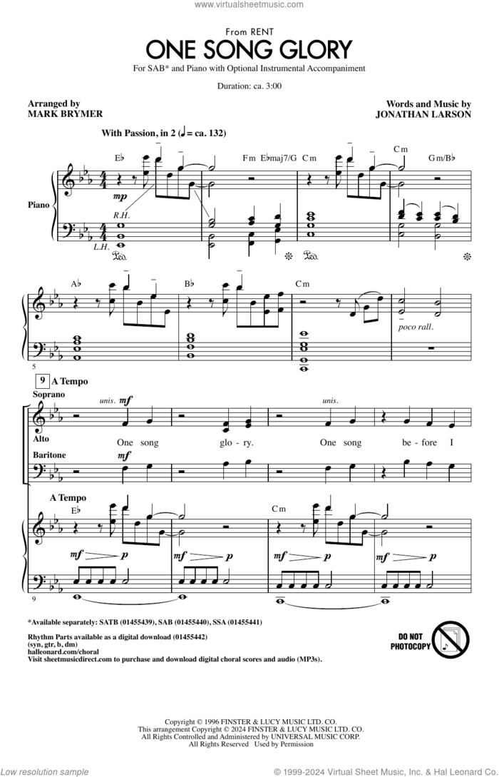 One Song Glory (from Rent) (arr. Mark Brymer) sheet music for choir (SAB: soprano, alto, bass) by Jonathan Larson and Mark Brymer, intermediate skill level
