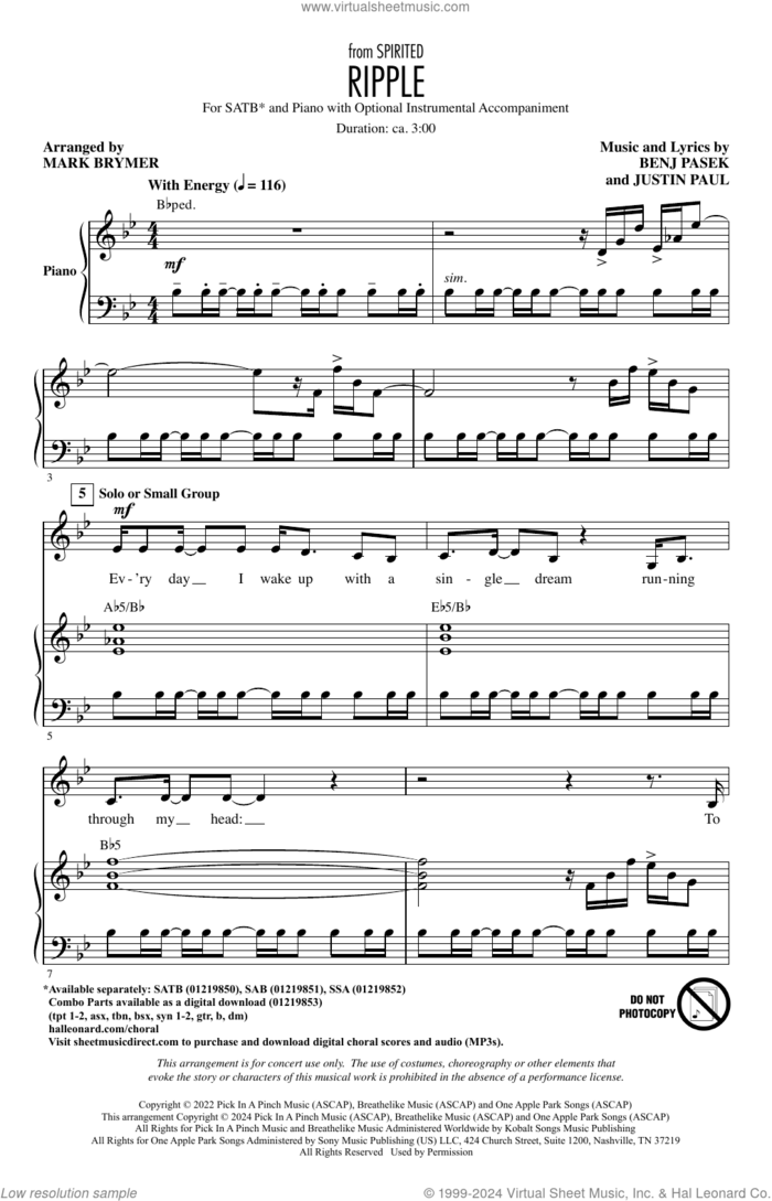 Ripple (Cut Song from Spirited) (arr. Mark Brymer) sheet music for choir (SATB: soprano, alto, tenor, bass) by Pasek & Paul, Mark Brymer, Benj Pasek and Justin Paul, intermediate skill level