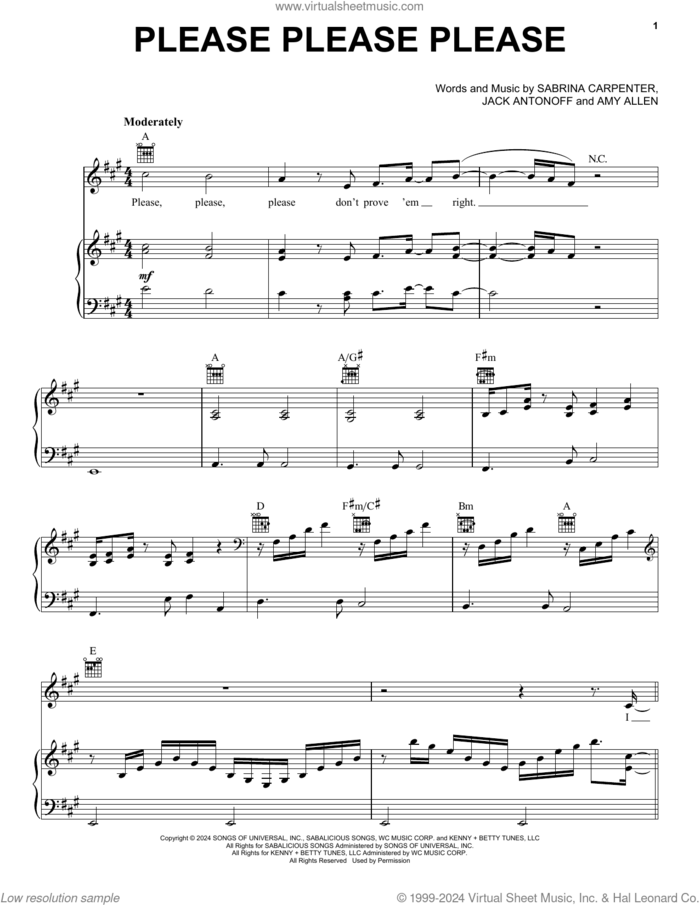 Please Please Please sheet music for voice, piano or guitar by Sabrina Carpenter, Amy Allen and Jack Antonoff, intermediate skill level
