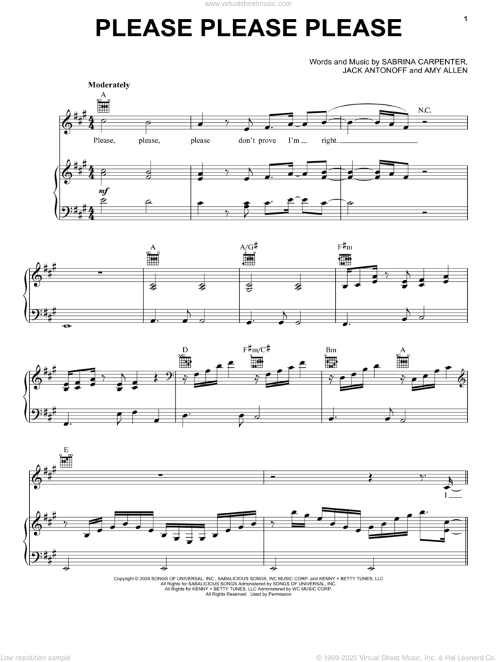 Please Please Please sheet music for voice, piano or guitar by Sabrina Carpenter, Amy Allen and Jack Antonoff, intermediate skill level