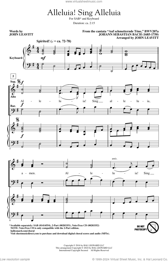 Alleluia! Sing Alleluia sheet music for choir (SAB: soprano, alto, bass) by Johann Sebastian Bach and John Leavitt, intermediate skill level