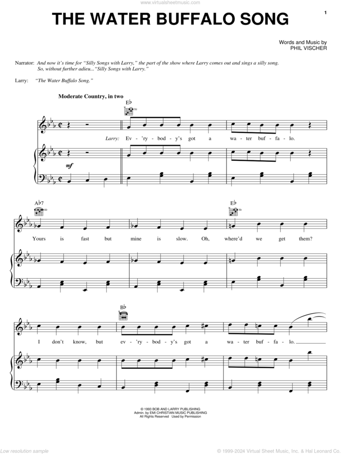 The Water Buffalo Song sheet music for voice, piano or guitar by VeggieTales and Phil Vischer, intermediate skill level