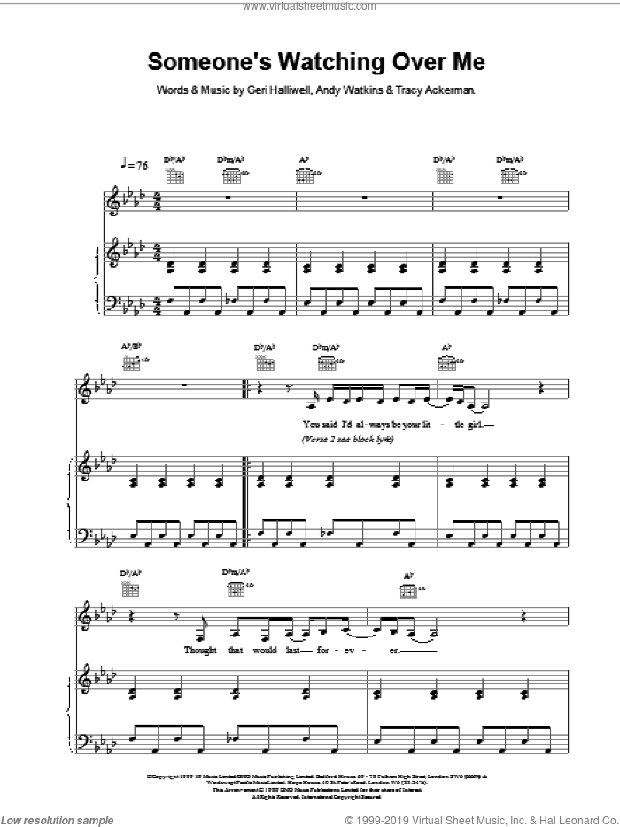 Someone's Watching Over Me sheet music for voice, piano or guitar by Geri Halliwell, Ackerman, Andy Watkins and HALLIWELL, intermediate skill level
