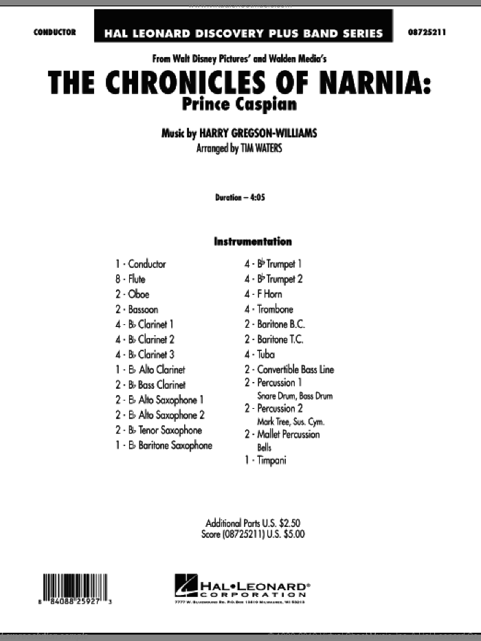 The Chronicles Of Narnia: Prince Caspian (COMPLETE) sheet music for concert band by Harry Gregson-Williams and Tim Waters, intermediate skill level