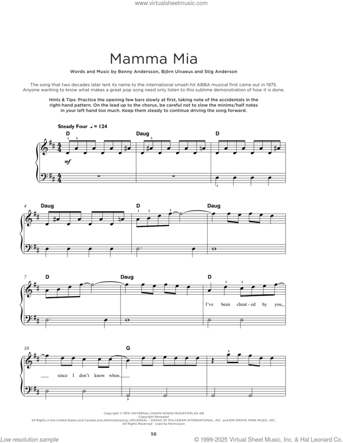 Mamma Mia sheet music for piano solo by ABBA, Meryl Streep, Benny Andersson, Bjorn Ulvaeus and Stig Anderson, beginner skill level