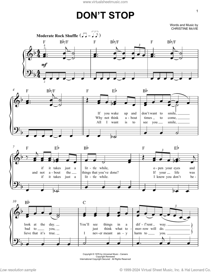 Don't Stop sheet music for piano solo by Fleetwood Mac and Christine McVie, easy skill level