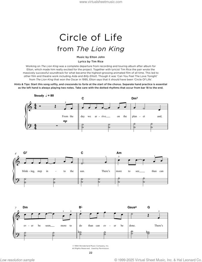 Circle Of Life (from The Lion King) sheet music for piano solo by Elton John and Tim Rice, beginner skill level