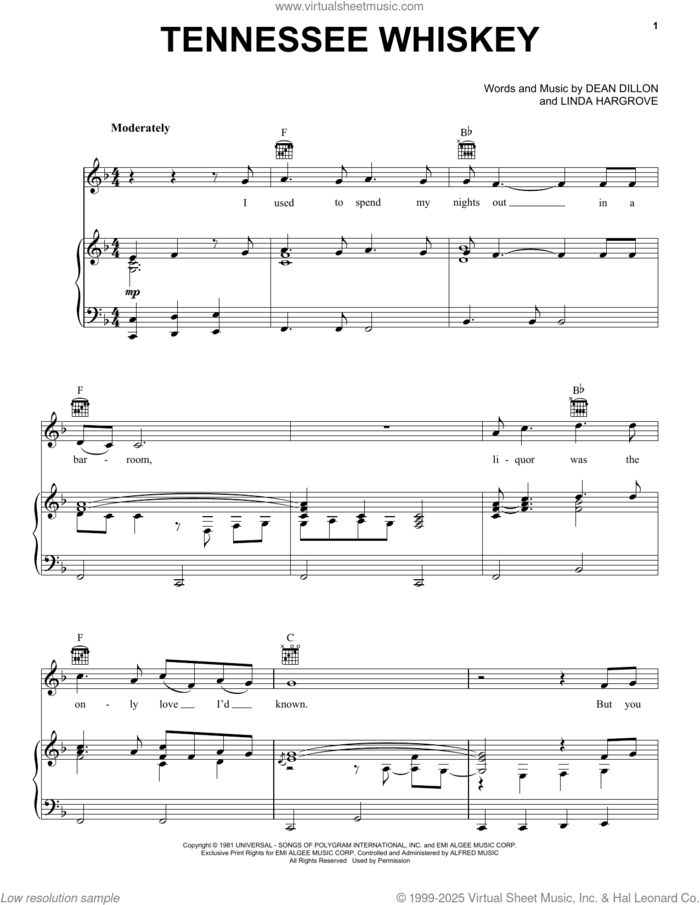 Tennessee Whiskey sheet music for voice, piano or guitar by Chris Stapleton, George Jones, Dean Dillon and Linda Hargrove, intermediate skill level