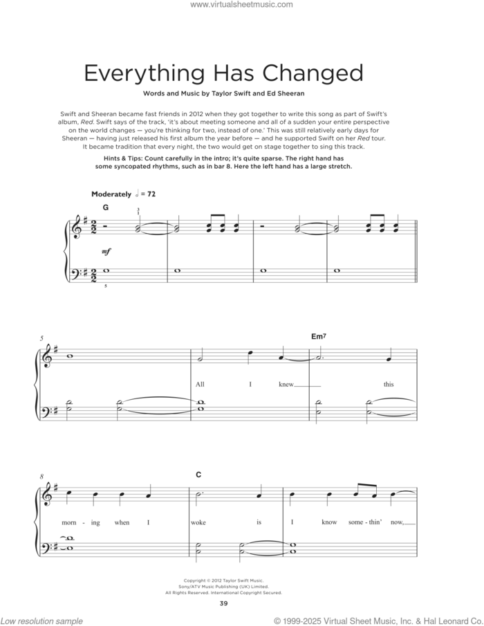 Everything Has Changed (feat. Ed Sheeran), (beginner) sheet music for piano solo by Taylor Swift and Ed Sheeran, beginner skill level