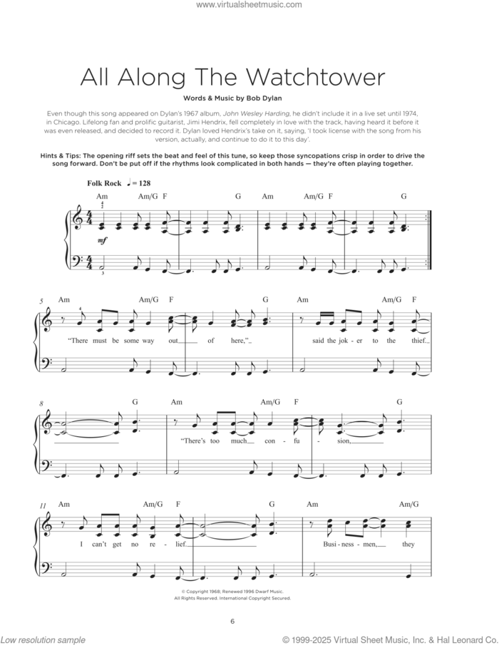 All Along The Watchtower sheet music for piano solo by Jimi Hendrix, U2 and Bob Dylan, beginner skill level