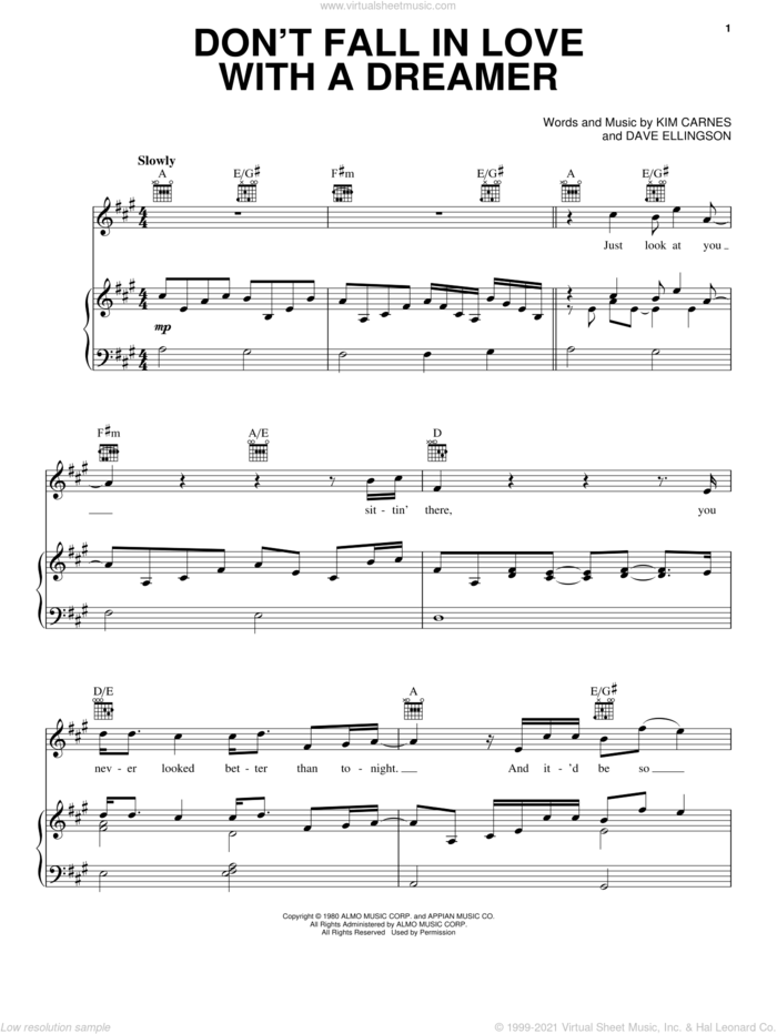 Don't Fall In Love With A Dreamer sheet music for piano solo by Kenny Rodgers & Kim Carnes, Kenny Rodgers, Dave Ellingson and Kim Carnes, intermediate skill level