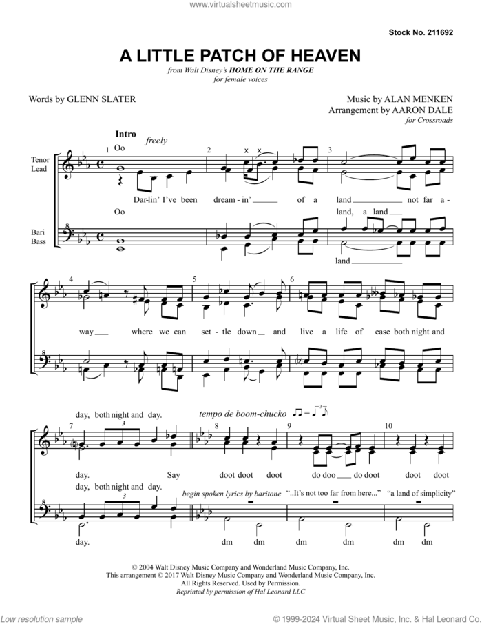 Little Patch Of Heaven (arr. Aaron Dale) sheet music for choir (SSAA: soprano, alto) by Alan Menken and Glenn Slater, intermediate skill level