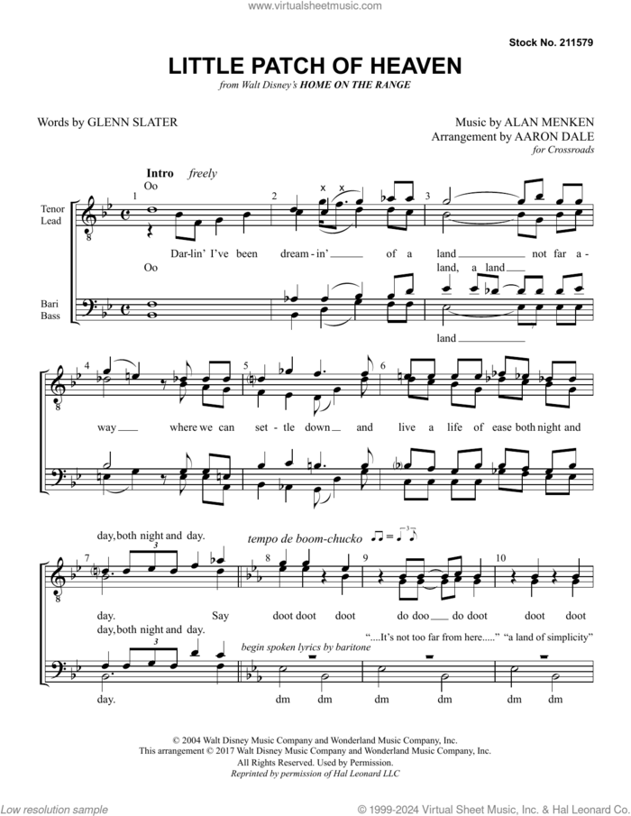 Little Patch Of Heaven (arr. Aaron Dale) sheet music for choir (TTBB: tenor, bass) by Alan Menken and Glenn Slater, intermediate skill level