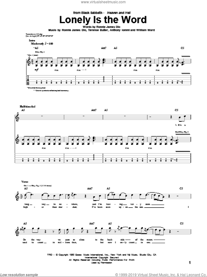 Lonely Is The Word sheet music for guitar (tablature) by Black Sabbath, Dio, Anthony Iommi, Ronnie James Dio, Terence Butler and William Ward, intermediate skill level