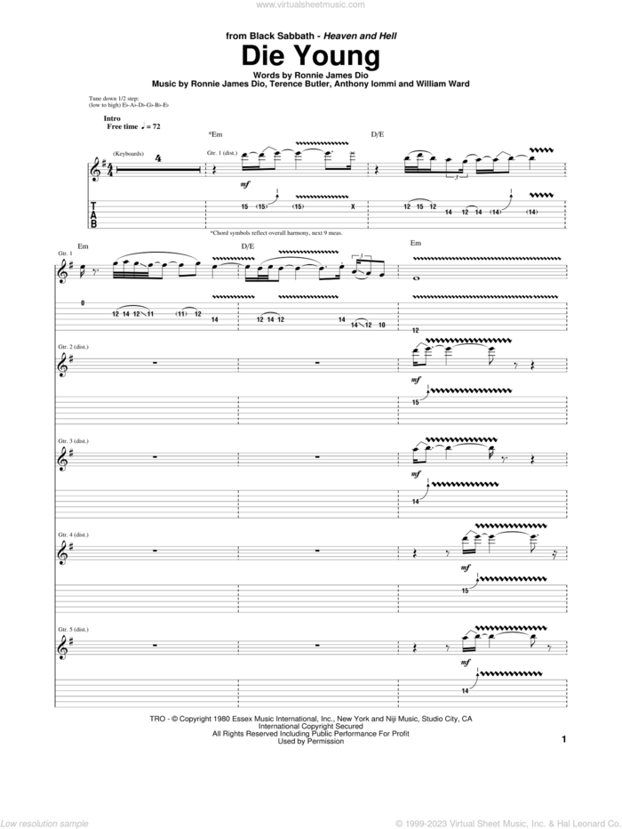 Die Young sheet music for guitar (tablature) by Black Sabbath, Dio, Anthony Iommi, Ronnie James Dio, Terence Butler and William Ward, intermediate skill level