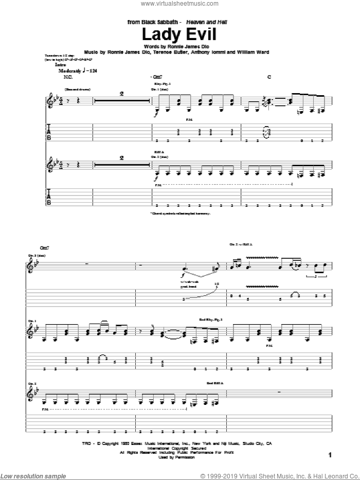 Lady Evil sheet music for guitar (tablature) by Black Sabbath, Dio, Anthony Iommi, Ronnie James Dio, Terence Butler and William Ward, intermediate skill level