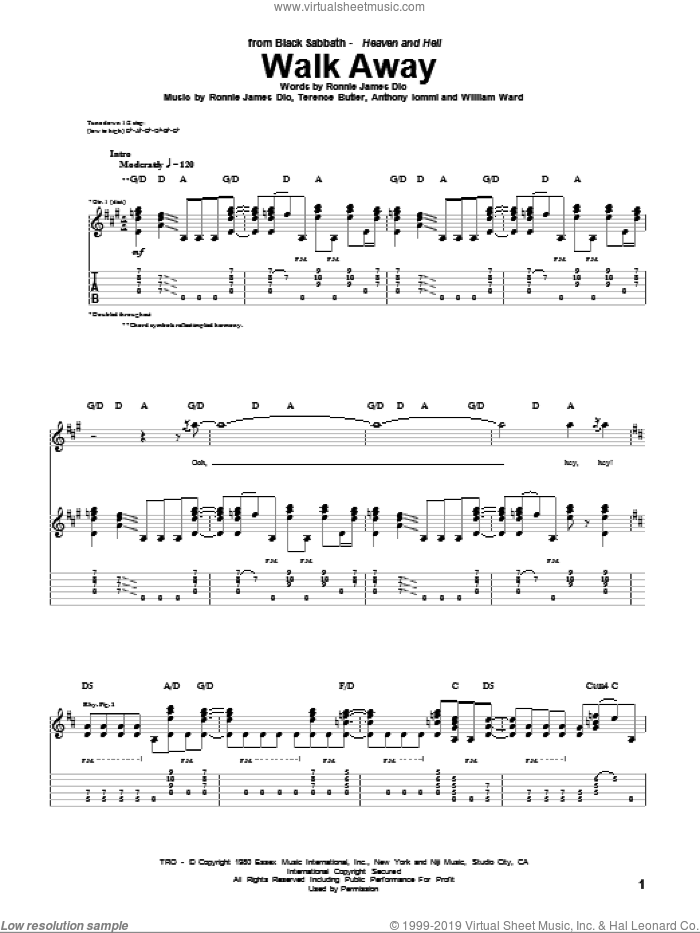 Walk Away sheet music for guitar (tablature) by Black Sabbath, Dio, Anthony Iommi, Ronnie James Dio, Terence Butler and William Ward, intermediate skill level