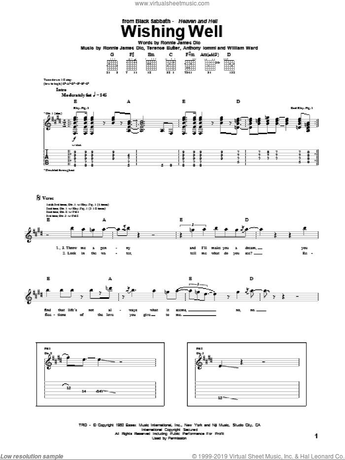 Wishing Well sheet music for guitar (tablature) by Black Sabbath, Dio, Anthony Iommi, Ronnie James Dio, Terence Butler and William Ward, intermediate skill level