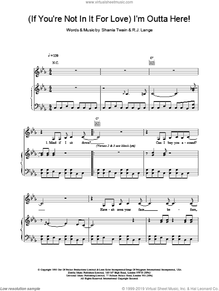 (If You're Not In It For Love) I'm Outta Here! sheet music for voice, piano or guitar by Shania Twain and Robert John Lange, intermediate skill level