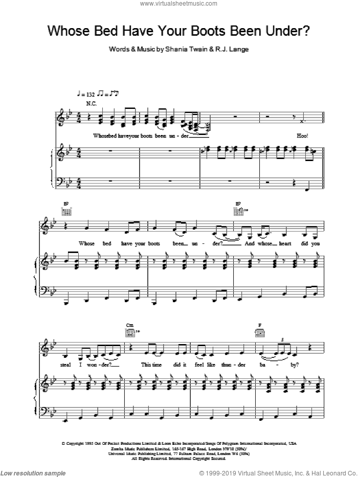 Whose Bed Have Your Boots Been Under? sheet music for voice, piano or guitar by Shania Twain and Robert John Lange, intermediate skill level