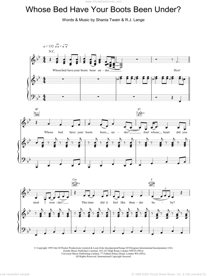 Whose Bed Have Your Boots Been Under? sheet music for voice, piano or guitar by Shania Twain and Robert John Lange, intermediate skill level