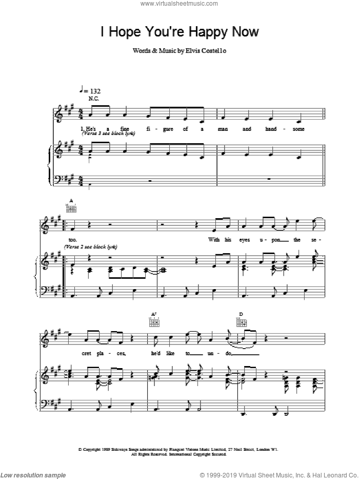I Hope You're Happy Now sheet music for voice, piano or guitar by Elvis Costello, intermediate skill level