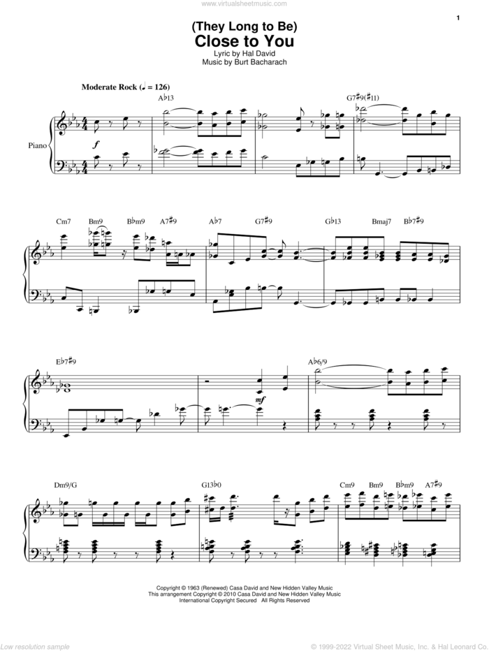 (They Long To Be) Close To You sheet music for voice and piano by Erroll Garner, Bacharach & David, Carpenters, Burt Bacharach and Hal David, wedding score, intermediate skill level