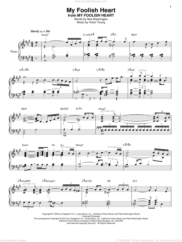 My Foolish Heart sheet music for piano solo by Bill Evans, Ned Washington and Victor Young, intermediate skill level