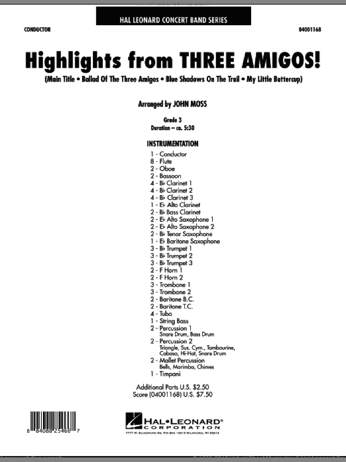 Highlights from Three Amigos! (COMPLETE) sheet music for concert band by Randy Newman, Elmer Bernstein and John Moss, intermediate skill level