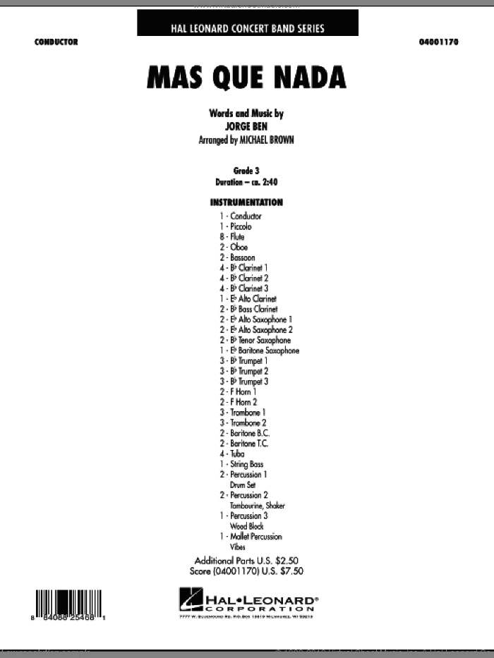 Mas Que Nada (COMPLETE) sheet music for concert band by Michael Brown and Jorge Ben, intermediate skill level