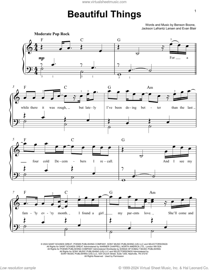 Beautiful Things, (easy) sheet music for piano solo by Benson Boone, Evan Blair and Jackson Lafrantz Larsen, easy skill level