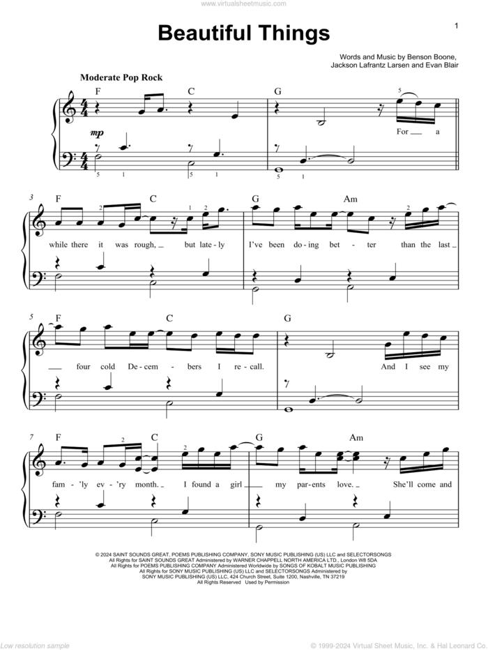 Beautiful Things, (easy) sheet music for piano solo by Benson Boone, Evan Blair and Jackson Lafrantz Larsen, easy skill level