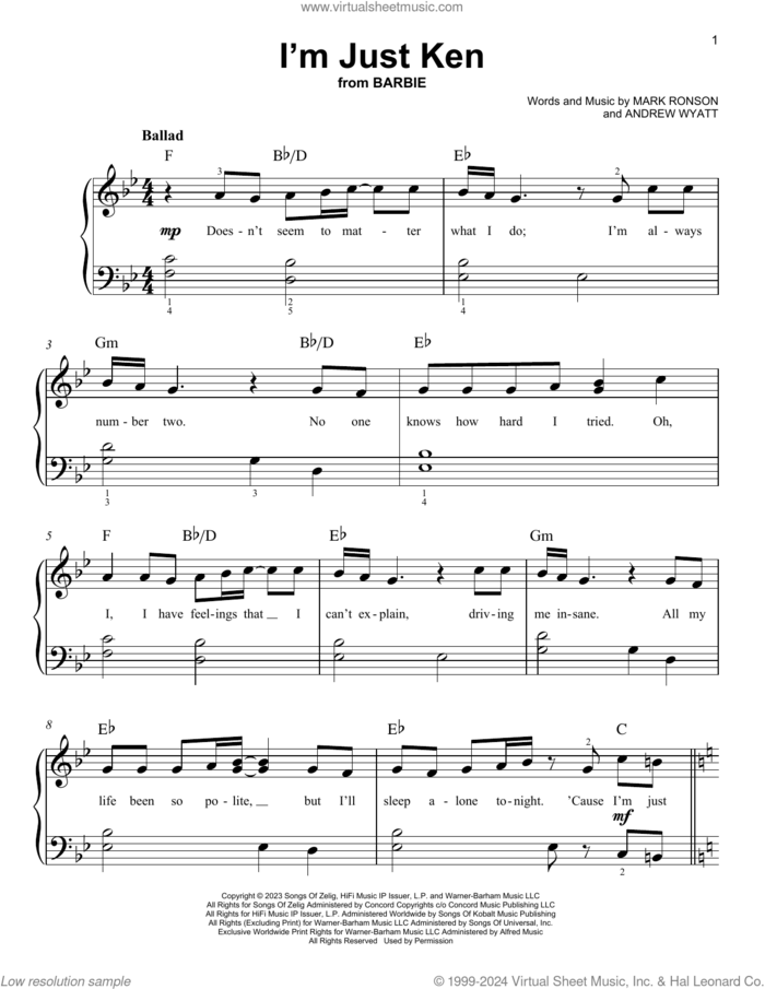 I'm Just Ken (from Barbie) (Full version) sheet music for piano solo by Ryan Gosling, Andrew Wyatt and Mark Ronson, easy skill level