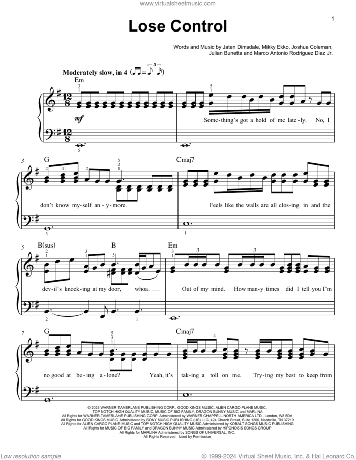 Lose Control sheet music for piano solo by Teddy Swims, Jaten Dimsdale (Teddy Swims), Joshua Coleman, Julian Bunetta, Marco Antonio Rodriguez Diaz and Mikky Ekko, easy skill level
