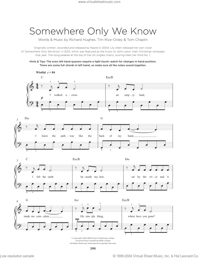 Somewhere Only We Know sheet music for piano solo by Tim Rice-Oxley, Richard Hughes and Tom Chaplin, beginner skill level