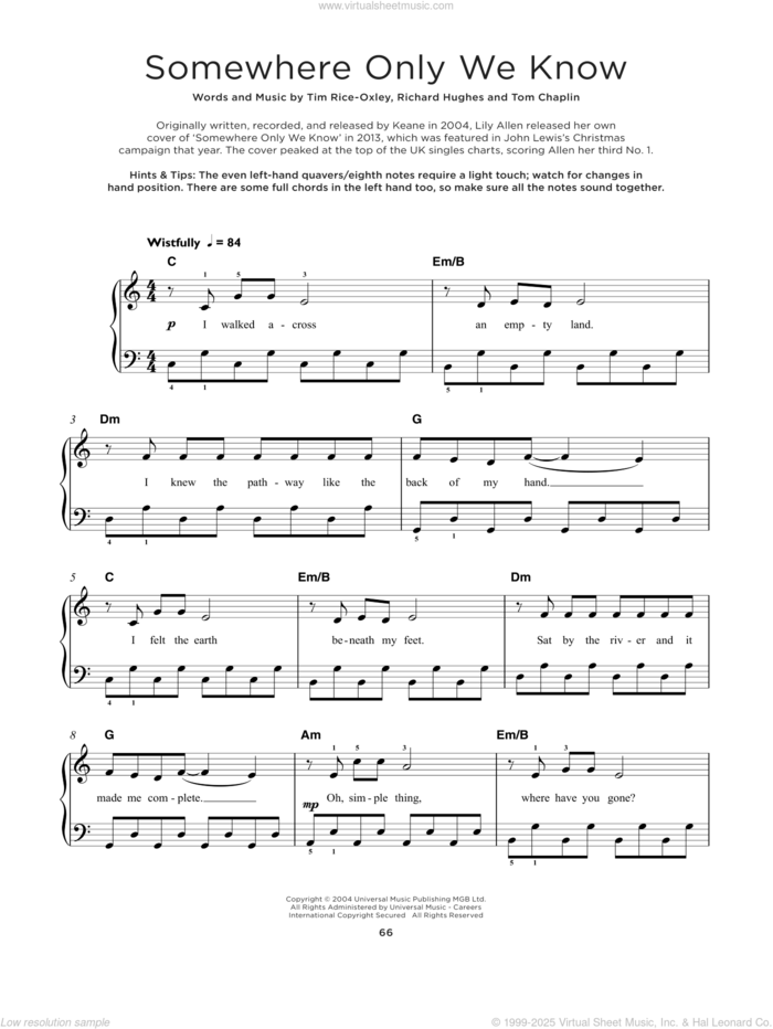 Somewhere Only We Know sheet music for piano solo by Tim Rice-Oxley, Richard Hughes and Tom Chaplin, beginner skill level