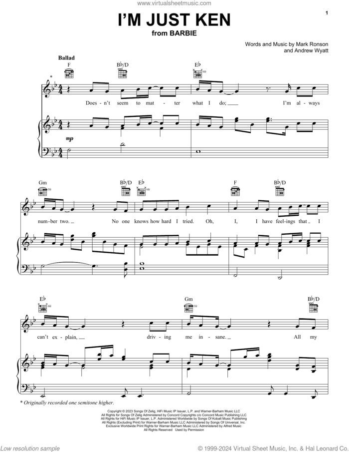 I'm Just Ken (from Barbie) (Full version) sheet music for voice, piano or guitar by Ryan Gosling, Andrew Wyatt and Mark Ronson, intermediate skill level